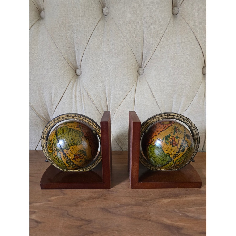Vintage Italian Globe Bookends Wooden Rotating World Globe Set